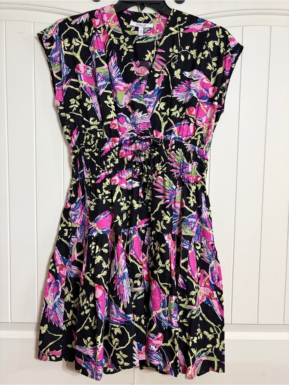Derek Lam 10 Crosby Black Dress with Pink and Lime Floral Bird Print Size 12
